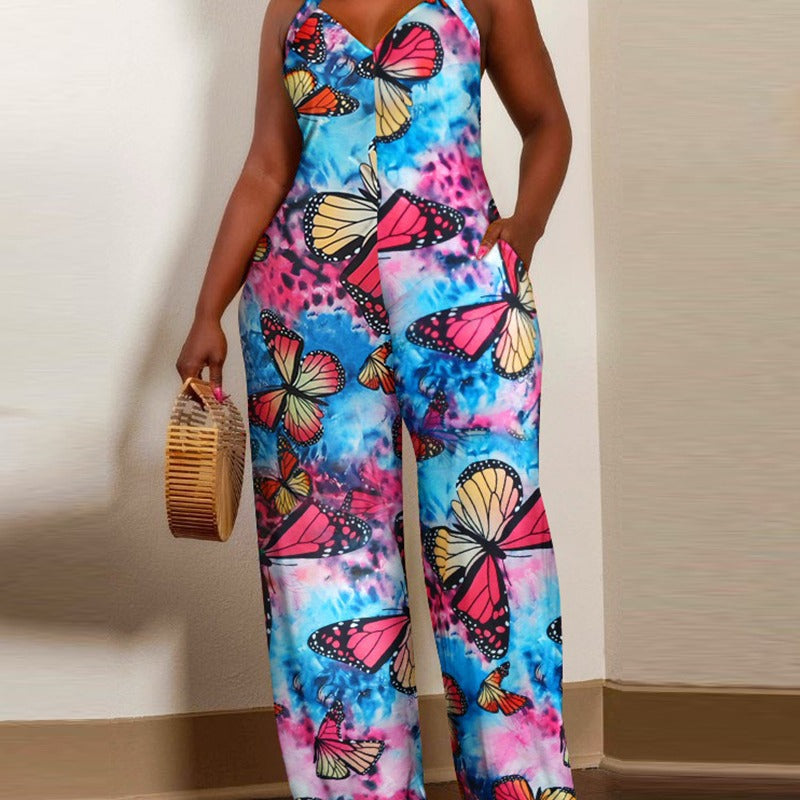 Foreign Trade Printing Halter Lace-up One-piece Pant Belt Pocket