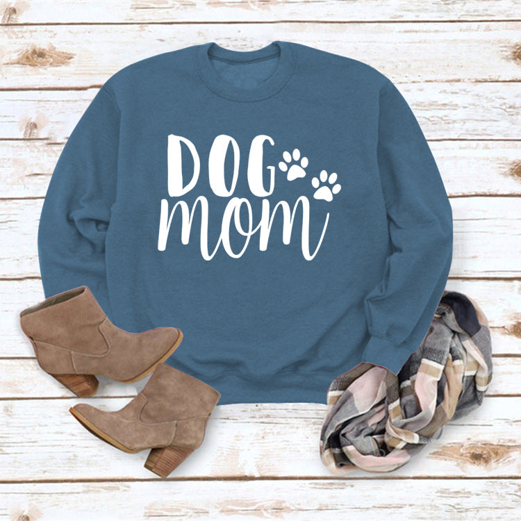 Dog Mom Lettered Casual Round Neck Long Sleeve Sweater Europe And America Cross Border Fashion Loose Base Ride Top For Women