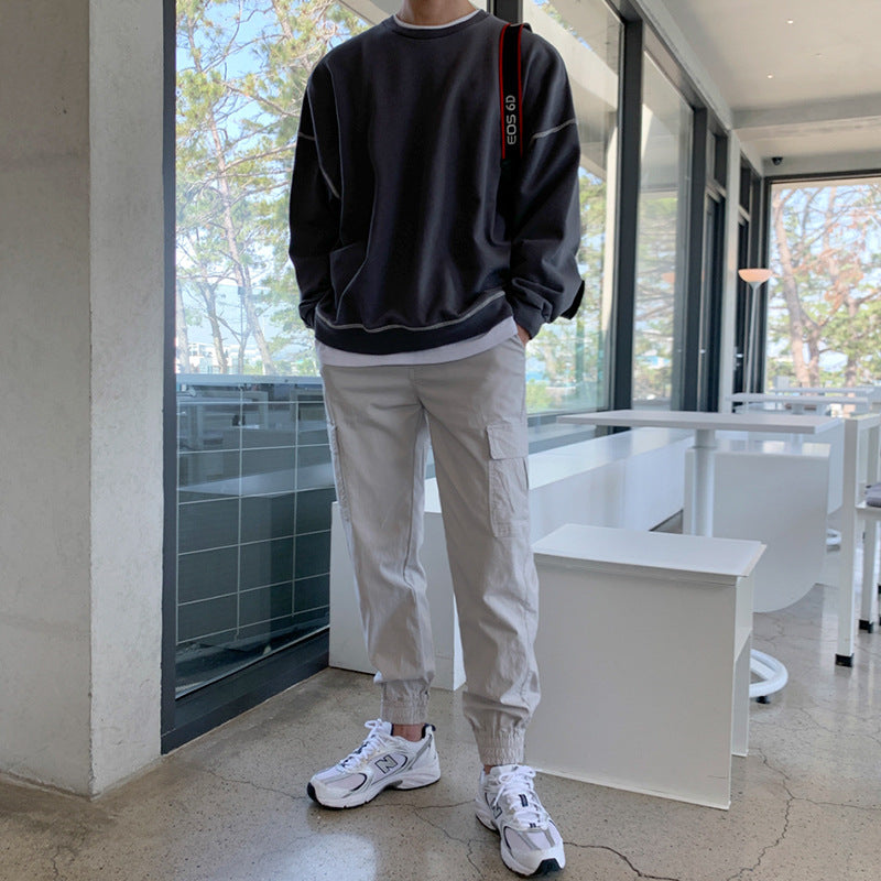 Crewneck Hoodie Men's Autumn Loose Design Sense Niche Solid Color Long-sleeved T-shirt Top