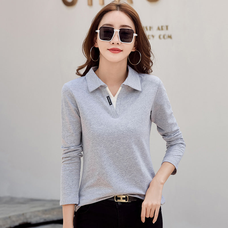 Versatile Outerwear Solid-color Contrast-color Casual V-neck Base Layer Top