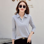 Versatile Outerwear Solid-color Contrast-color Casual V-neck Base Layer Top