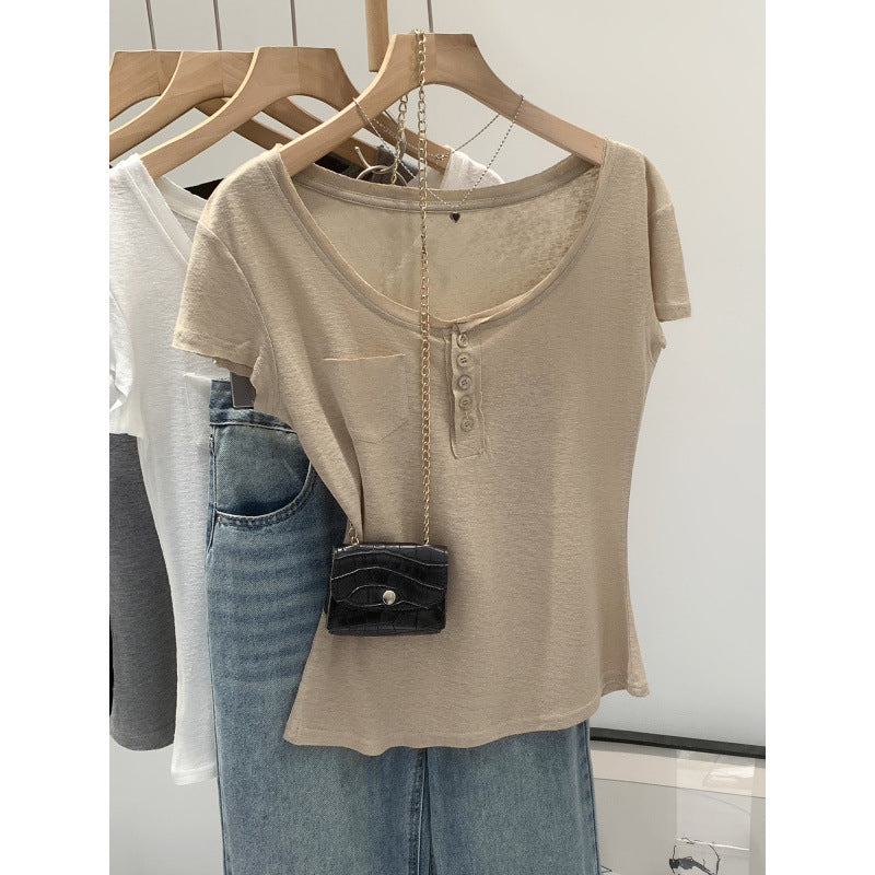 European-style High-end Chic Short-sleeve Top With Buttoned Pocket Detailing