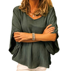 Versatile Solid-Colored Cotton-Linen Batwing Top For Women