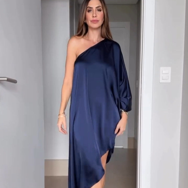 Blue Fashionable One-Shoulder Sexy Versatile Dress