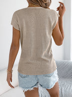 Women S Casual Solid Color Button V-Neck Knit Vacation Top