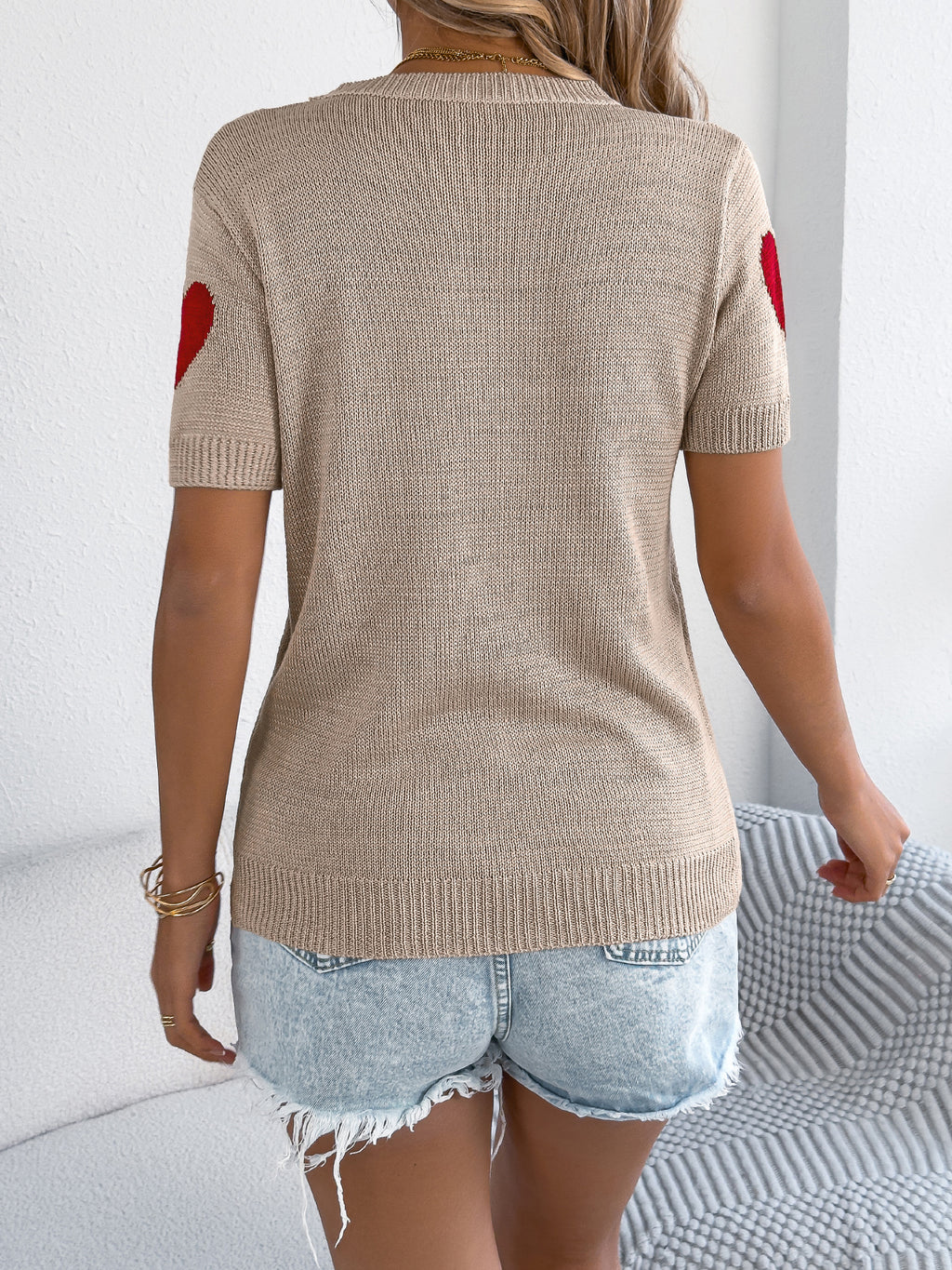 Women S Casual Color Block Heart Short Sleeve Knit Valentine S Top