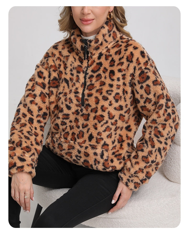 Fashionable Lambswool Fleece Leopard-Print Jacket Fleece Sweater Hoodie