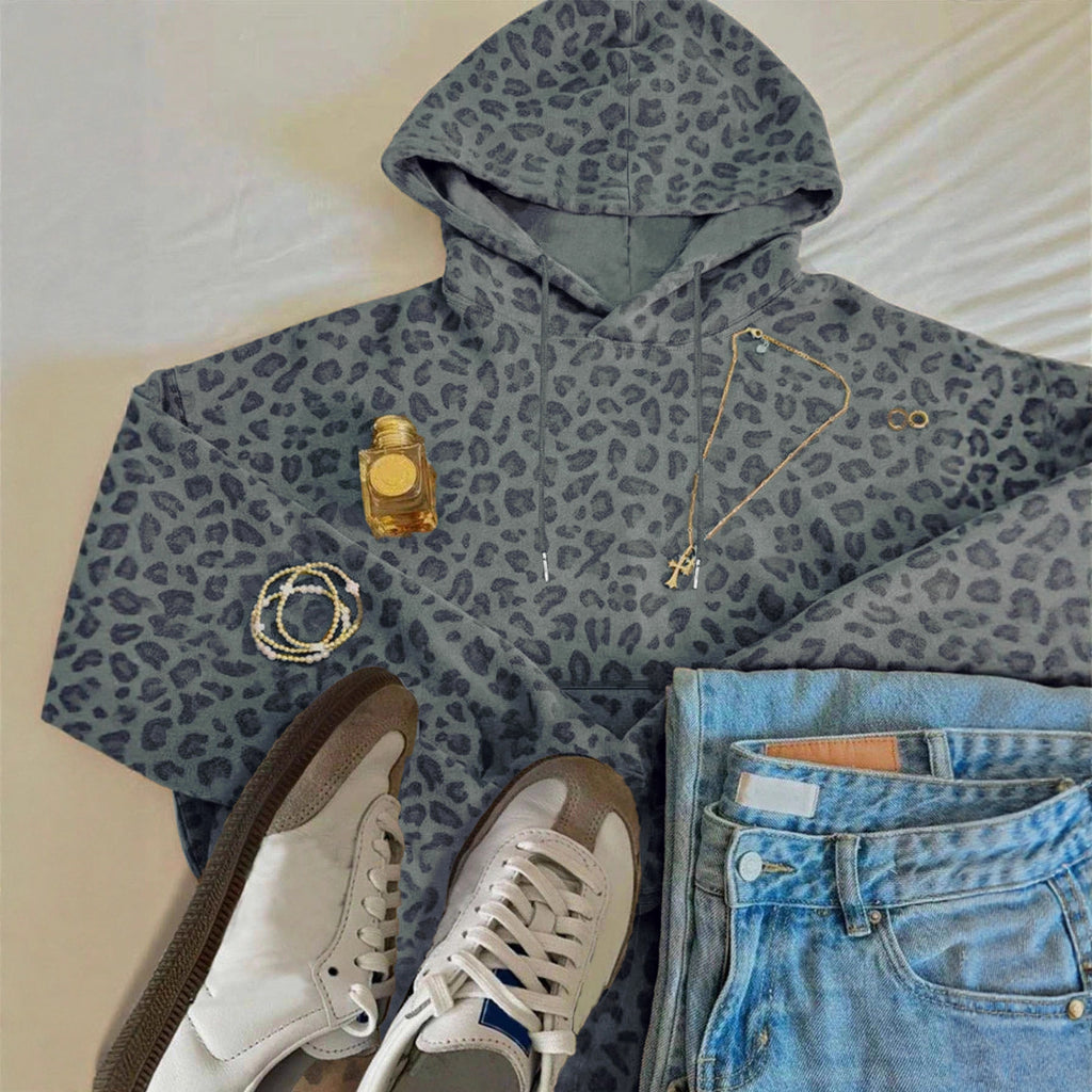 Womens Loose Versatile Casual Leopard-Print Hoodie