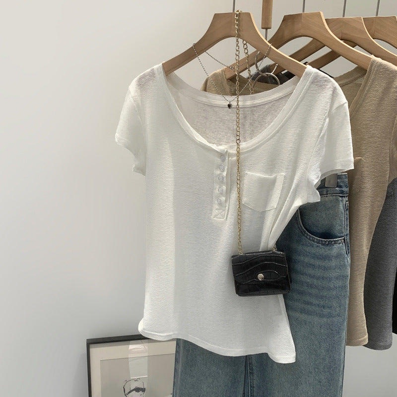 European-style High-end Chic Short-sleeve Top With Buttoned Pocket Detailing