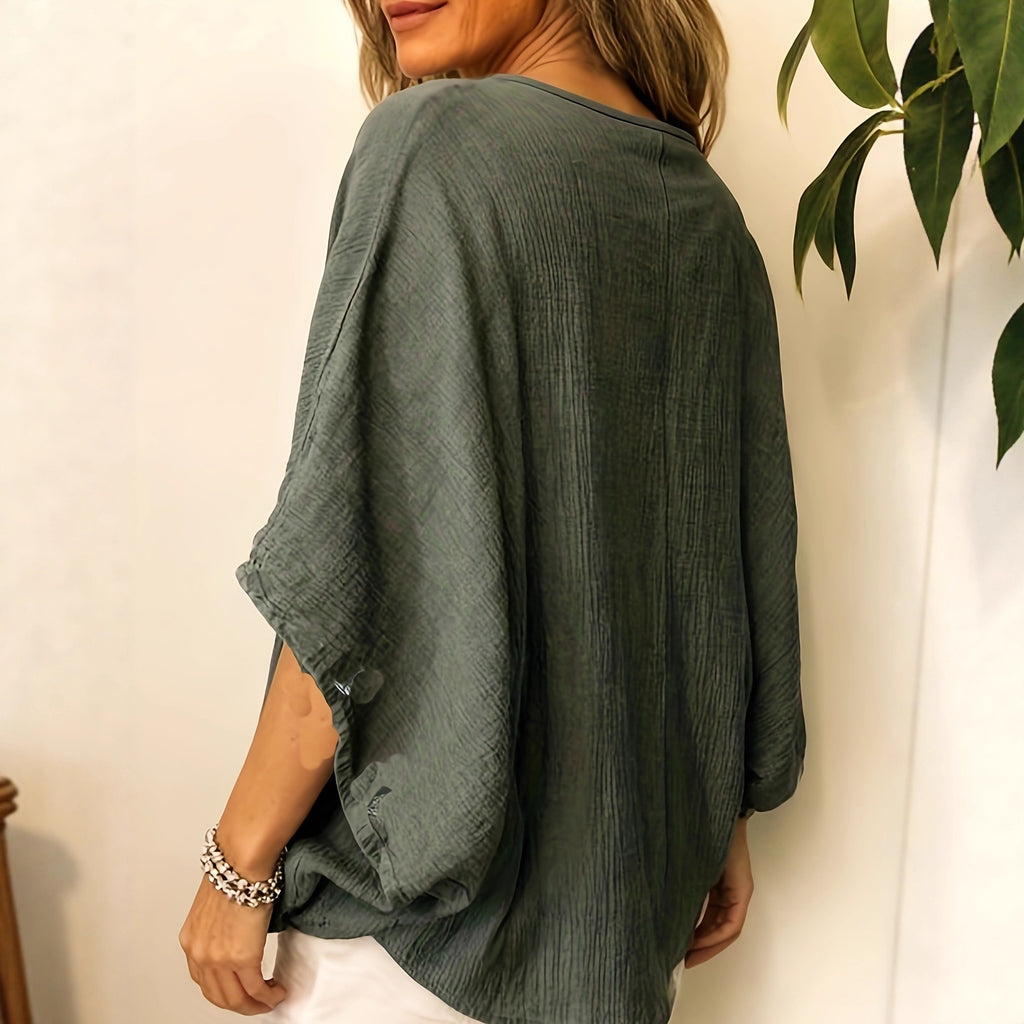Versatile Solid-Colored Cotton-Linen Batwing Top For Women