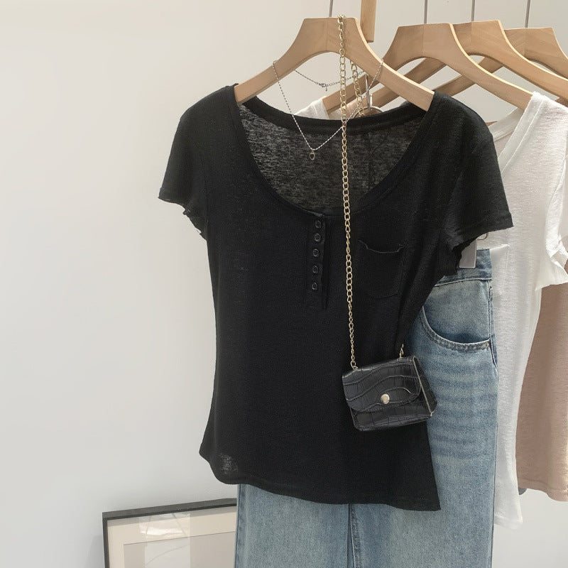 European-style High-end Chic Short-sleeve Top With Buttoned Pocket Detailing