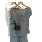 European-style High-end Chic Short-sleeve Top With Buttoned Pocket Detailing