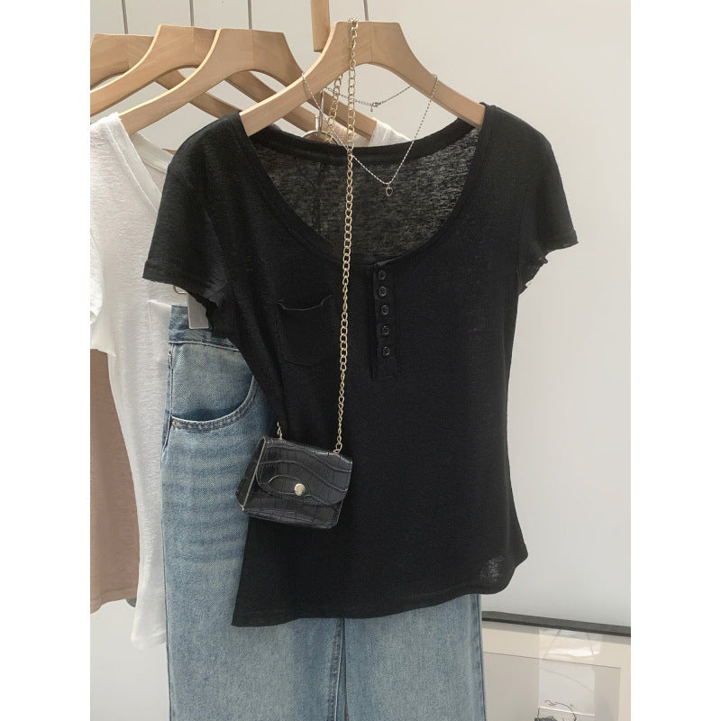 European-style High-end Chic Short-sleeve Top With Buttoned Pocket Detailing