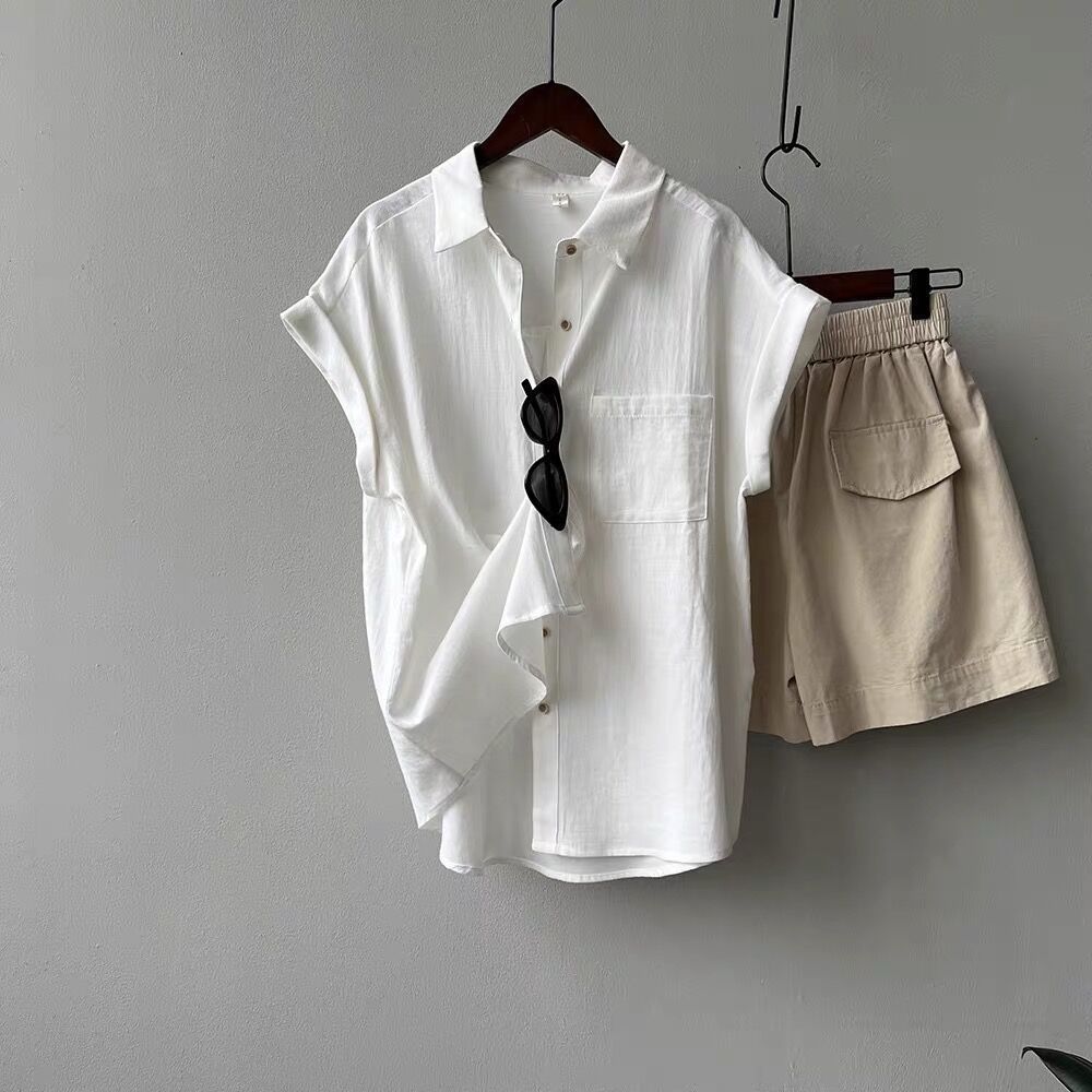 Rolled-sleeve Short-sleeve Shirt Womens Summer-style French Top