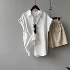 Rolled-sleeve Short-sleeve Shirt Womens Summer-style French Top