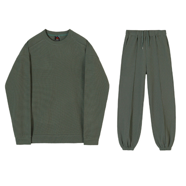 Men's Round Neck Hoodie Korean Version Loose Trend Fold Top Two-piece Set