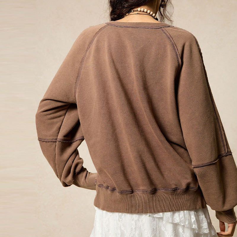 Women's Fashionable V-Neck Long-Sleeve Pullover Sweater Solid Color Top