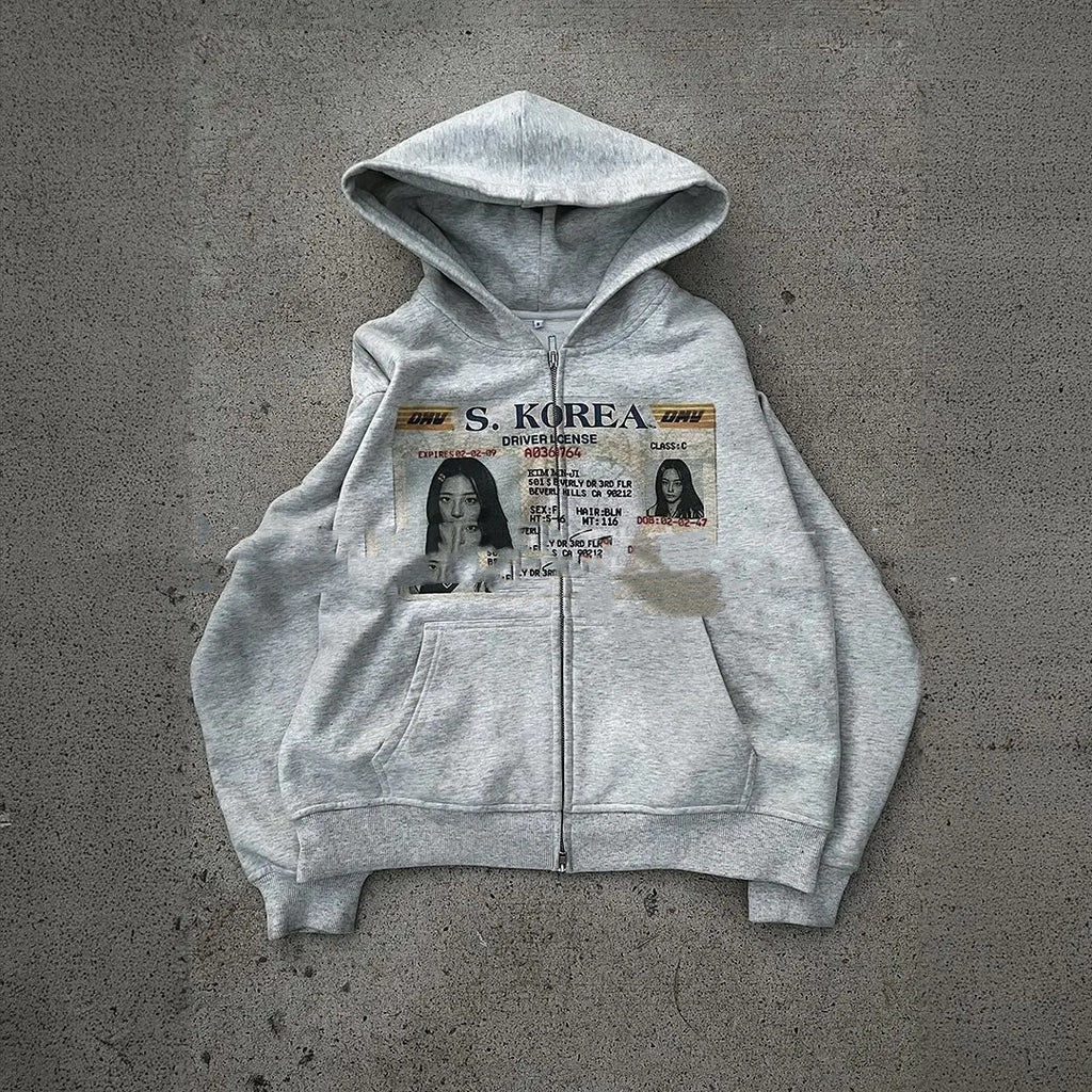 American-style Retro ID Card Print Zip-Up Hoodie