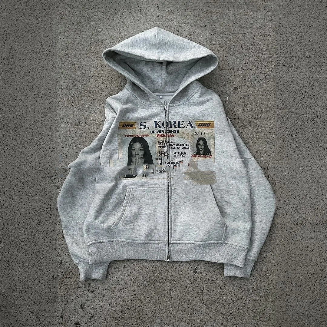 American-style Retro ID Card Print Zip-Up Hoodie