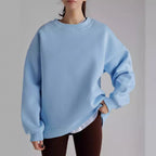 Solid Color Crew Neck Loose-Fit Pullover Sweatshirt Top For Women