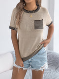 Women S Casual Color Block Stripe Pocket Short Sleeve Knit Top