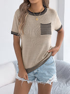 Women S Casual Color Block Stripe Pocket Short Sleeve Knit Top