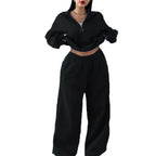 Casual Womens Fashion Half-Zip Pullover Hoodie And Pants Two-Piece Set