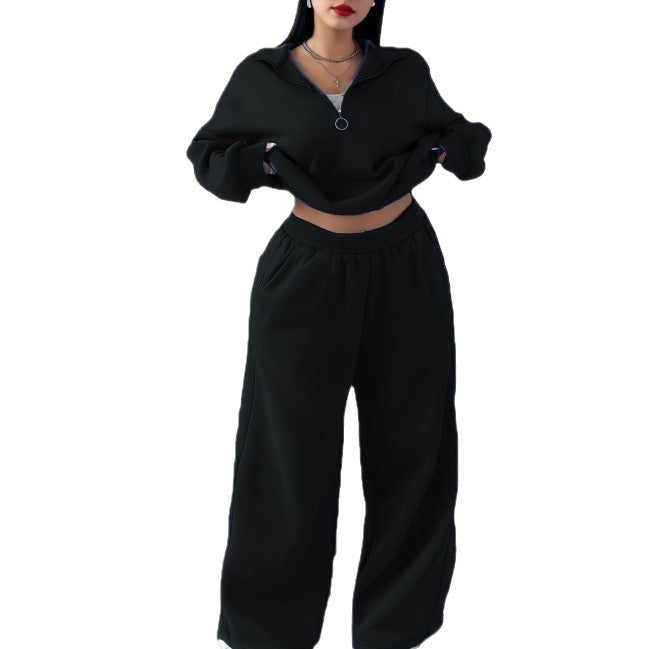 Casual Womens Fashion Half-Zip Pullover Hoodie And Pants Two-Piece Set