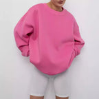 Solid Color Crew Neck Loose-Fit Pullover Sweatshirt Top For Women