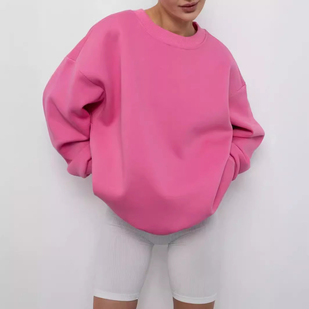 Solid Color Crew Neck Loose-Fit Pullover Sweatshirt Top For Women