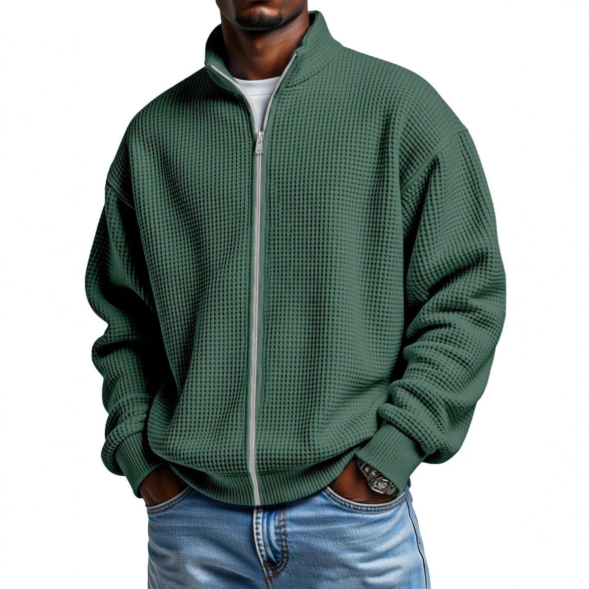 Mens Minimalist Solid-Color Waffle-Weave Stand-Up Collar Zip-Up Jacket