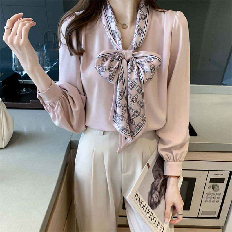 Professional Shirt Women''s Autumn Dress Long Sleeve Bow Ribbon Bubble Sleeve