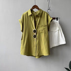 Rolled-sleeve Short-sleeve Shirt Womens Summer-style French Top