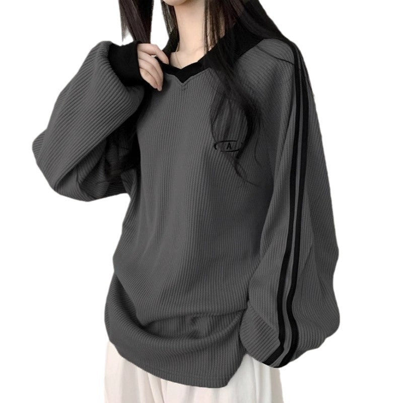 Contrast-color POLO Collar Striped Hoodie