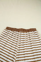 Khaki Stripe Collared Pullover Top And Drawstring Pant Set
