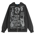 Water-washed Vintage-style Printed Hooded Cardigan Jacket Loose-fit Springautumn Zip-up Jacket