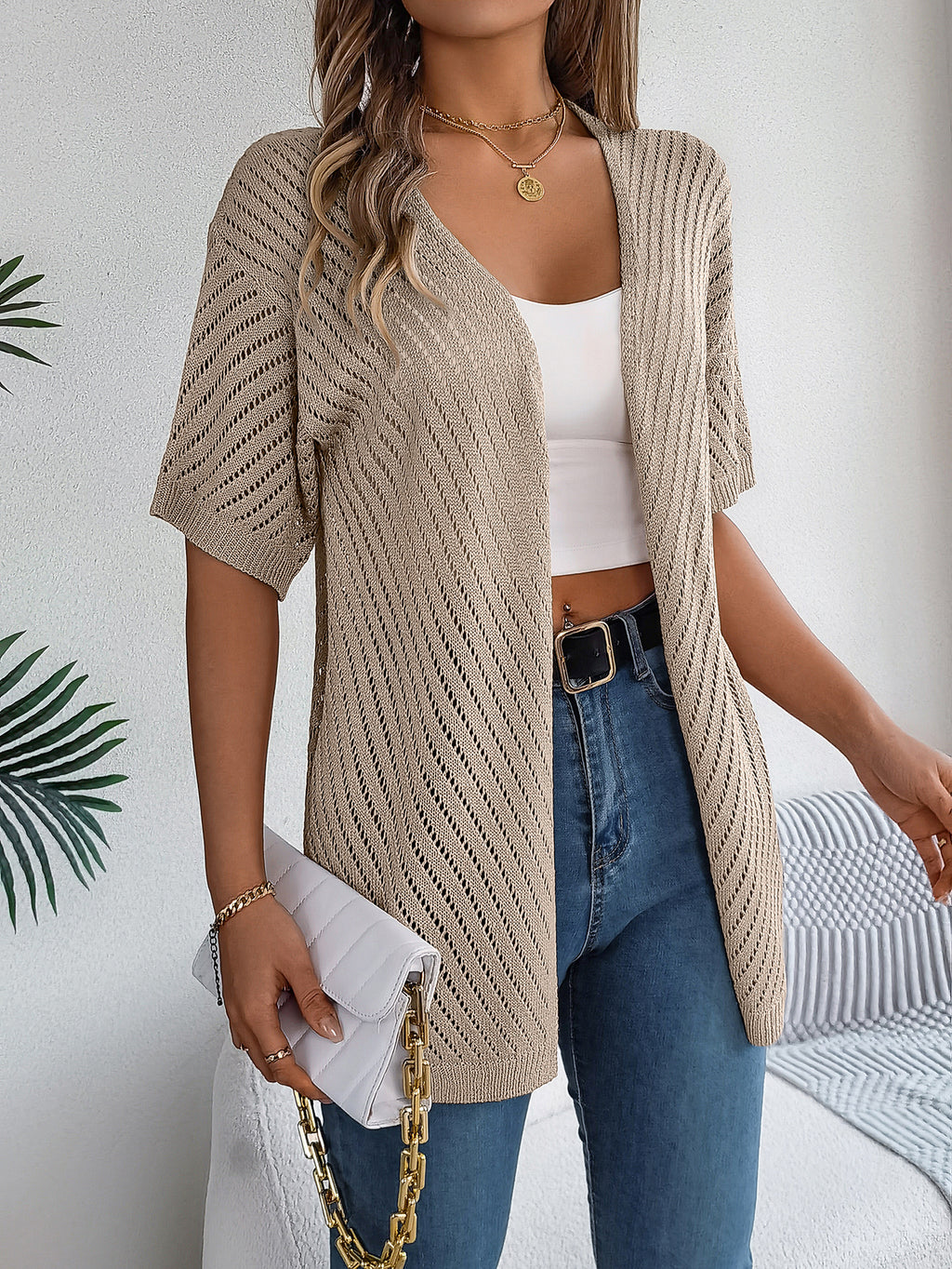 Women S Vertical Stripe Hollow Out Short Sleeve Knit Cardigan Cover-Up