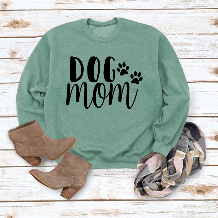 Dog Mom Lettered Casual Round Neck Long Sleeve Sweater Europe And America Cross Border Fashion Loose Base Ride Top For Women