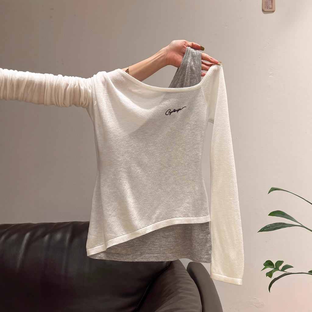 Fake Two-piece Embroidered Off-shoulder Long Sleeves