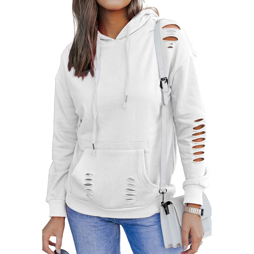 New Solid Color Long-sleeved Drawstring Hoodie Sweater For Women
