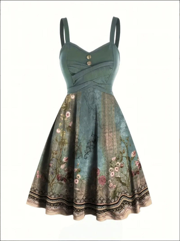 Elegant Green Floral Print Strapless Slip Dress