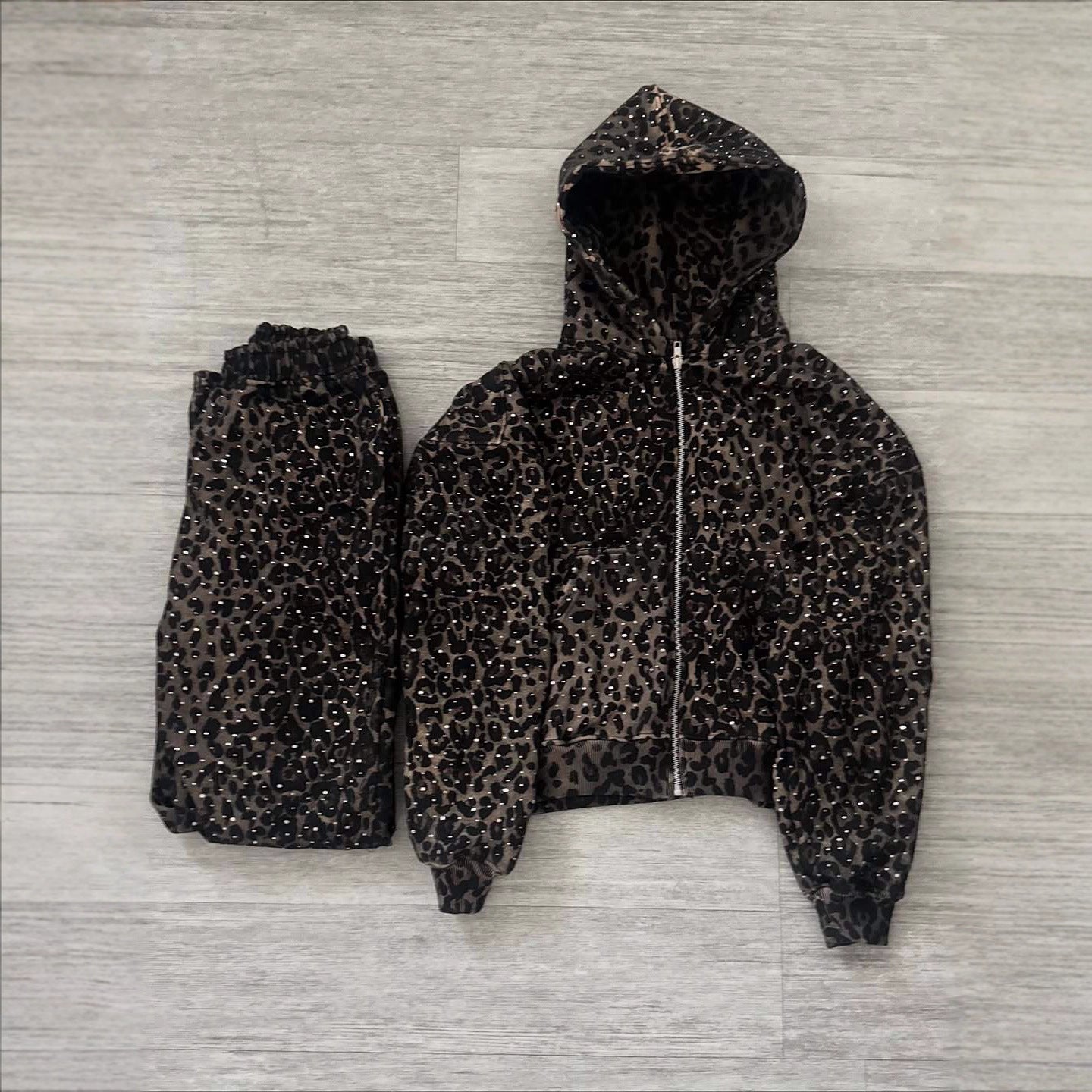 Autumn Fashion Harajuku Instagram High Street Trend Retro Leopard Print Zip-up Hoodie Casual Pants