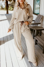 Khaki Stripe Collared Pullover Top And Drawstring Pant Set