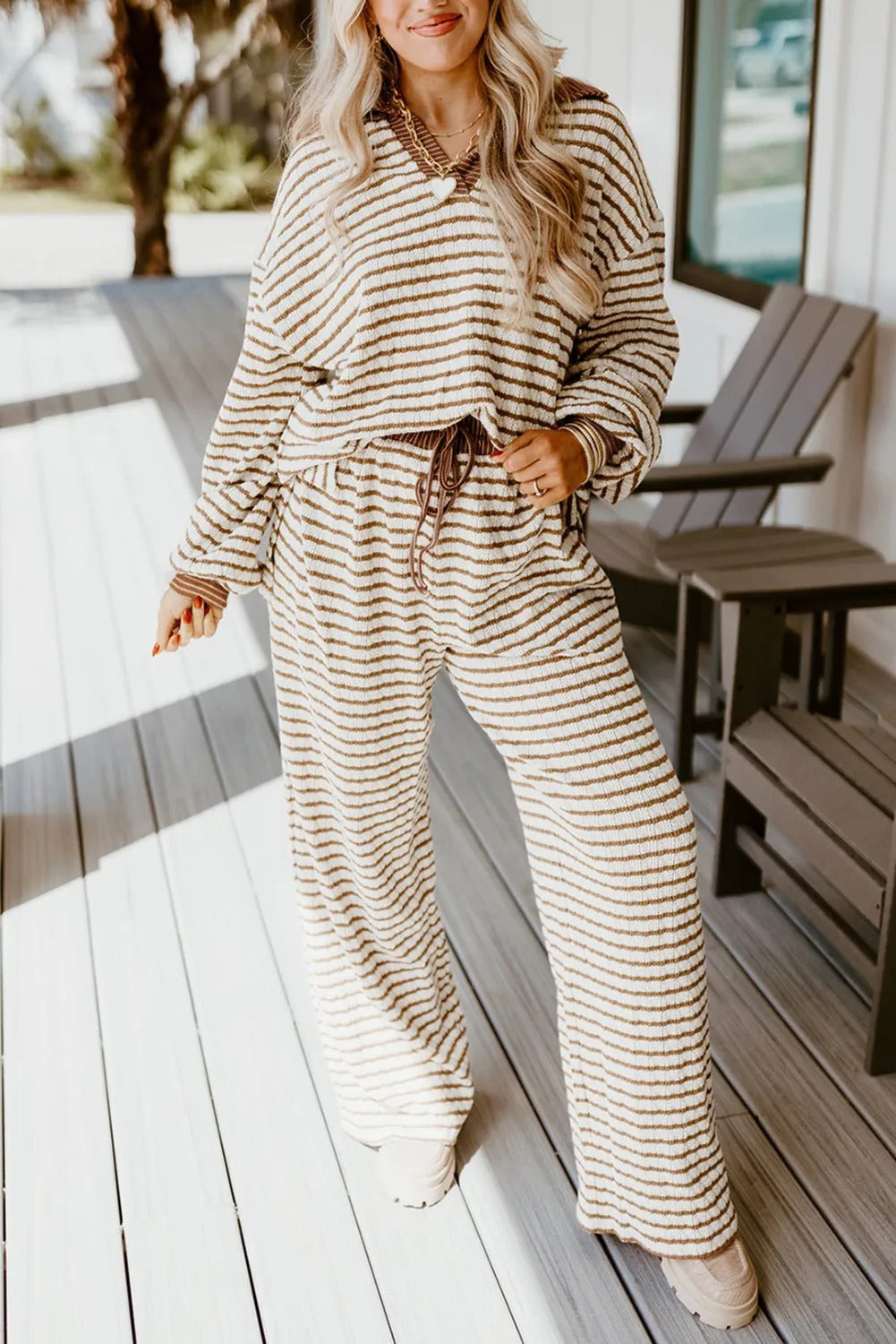 Khaki Stripe Collared Pullover Top And Drawstring Pant Set