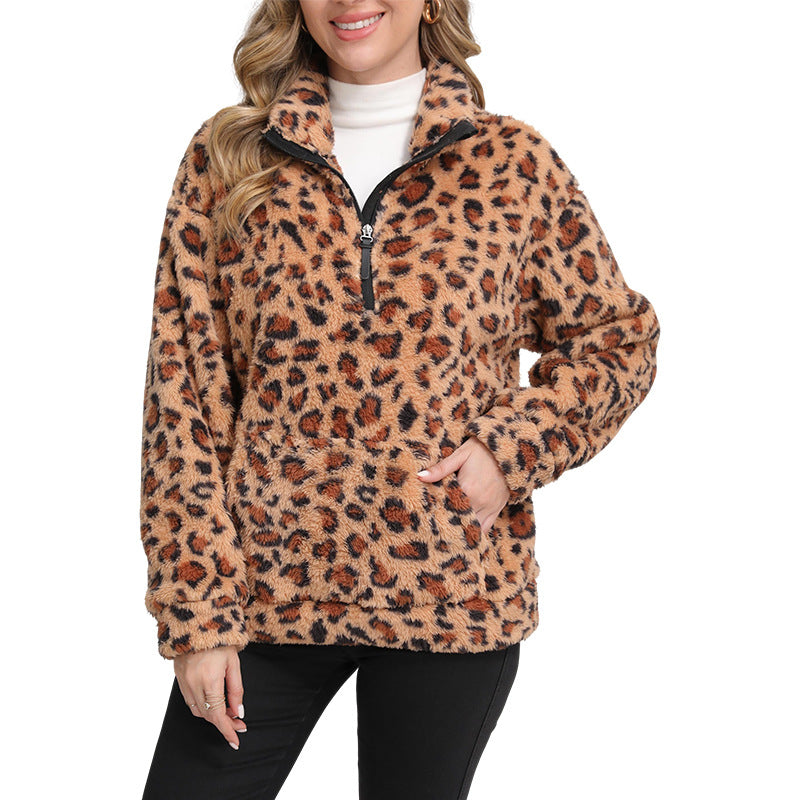 Fashionable Lambswool Fleece Leopard-Print Jacket Fleece Sweater Hoodie