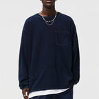 Men's Blue Dyed Knitted Denim Long Sleeve T-shirt Pocket Decoration Wash Water Top