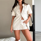 Retro Workwear Long Shirt And Shorts Two-Piece Set