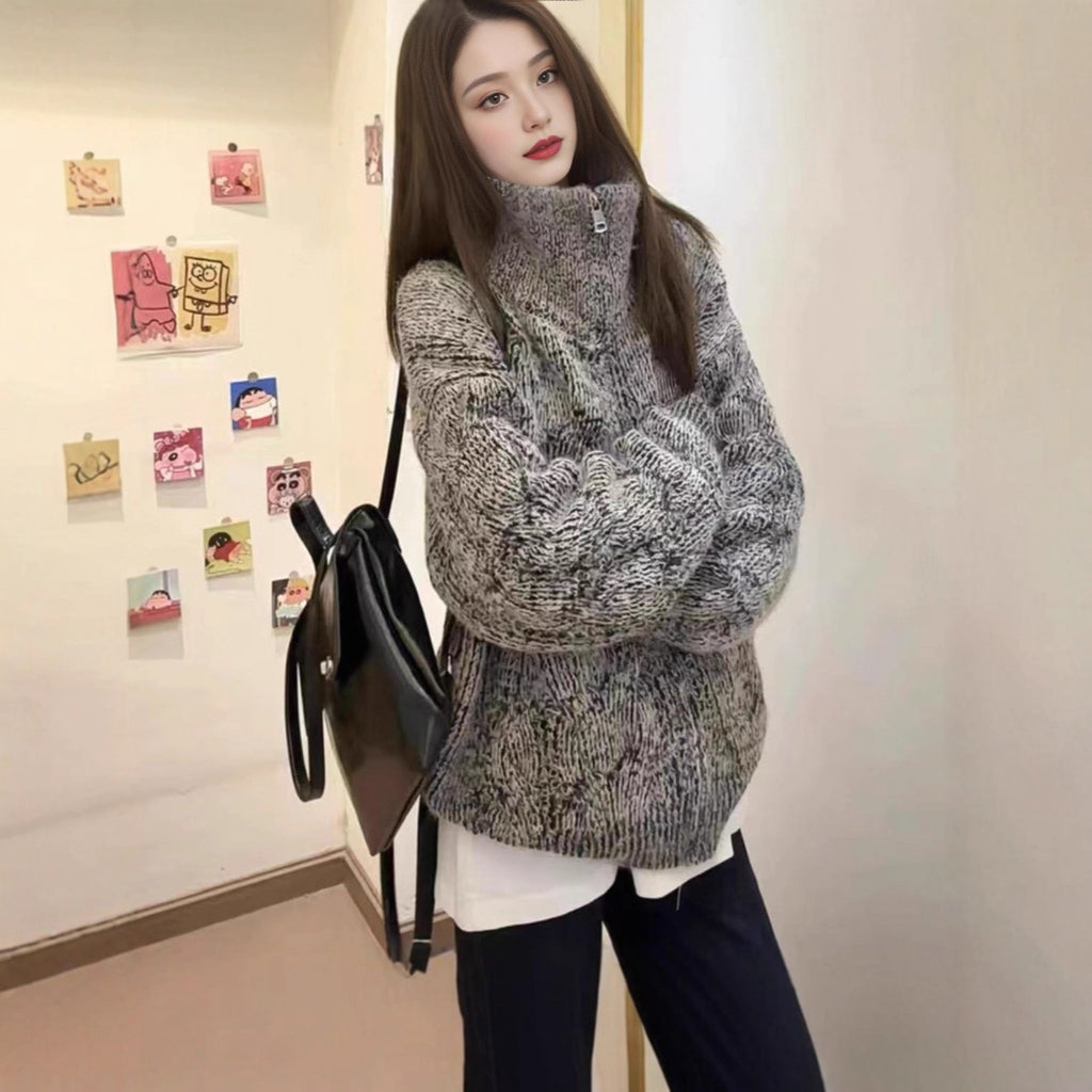 Loose-fit Stand-collar Laid-back Style Gray Knitted Cardigan Jacket