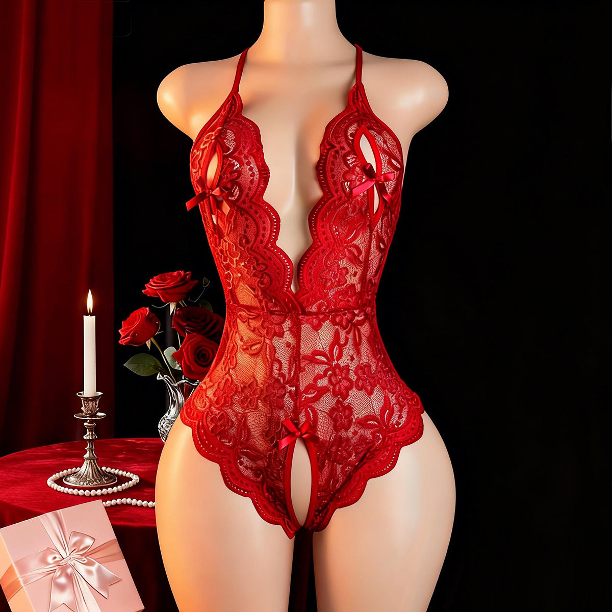 European And American Plus-Size Lace Open-Crotch Bodysuit