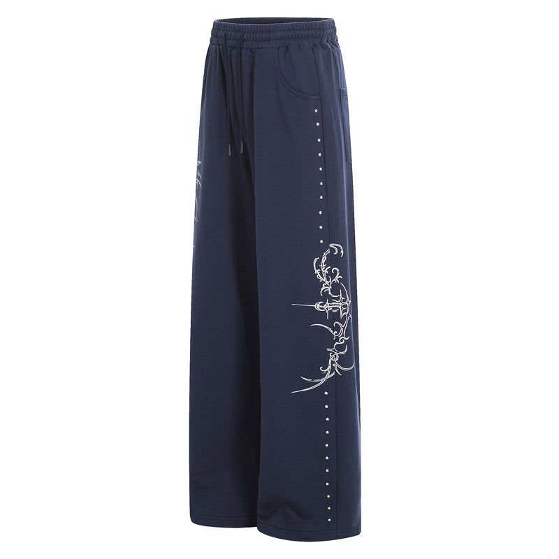 High-Street American-Style Design Womens Straight Joggers With Thorn Print